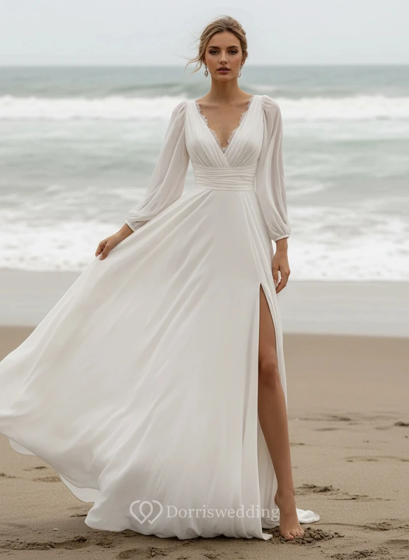Flowy Chiffon V-Neck Long Sleeve High-Slit Beach Wedding Dress