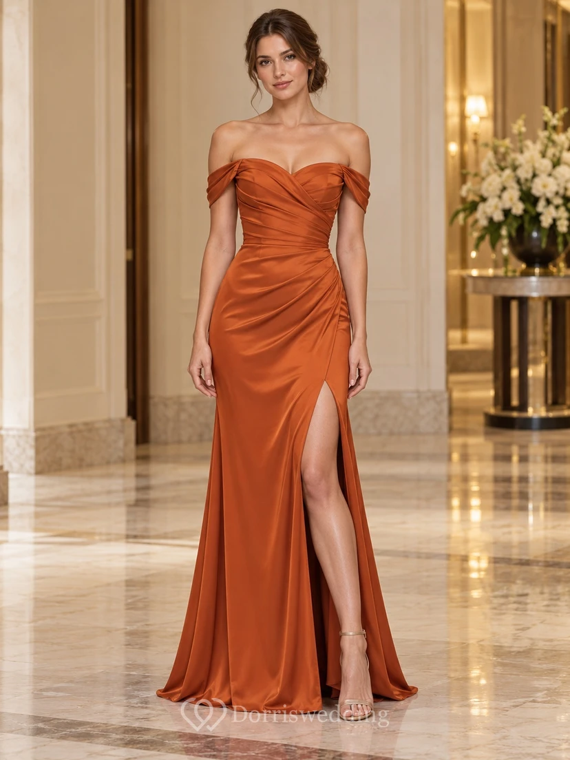 Burnt Orange Off Shoulder Wrapped Satin Slit Formal Gown