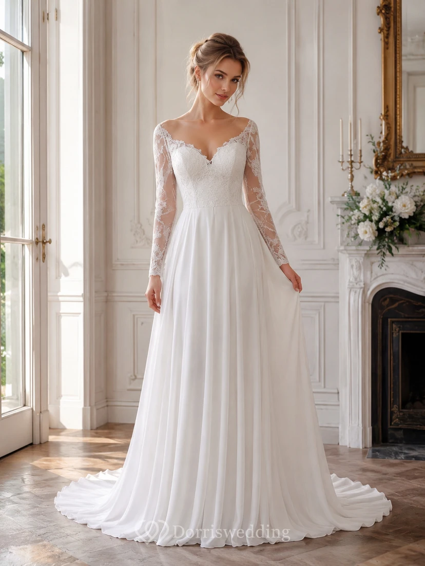 Lässiges Chiffon-Hochzeitskleid mit V-Ausschnitt und langen Ärmeln view 2