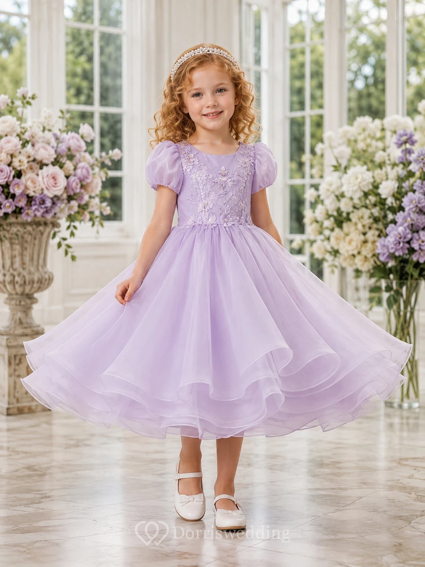Flower Girl Dress A-Line Lilac Twirl Friendly Ruffle Tulle Puff Sleeve Party
