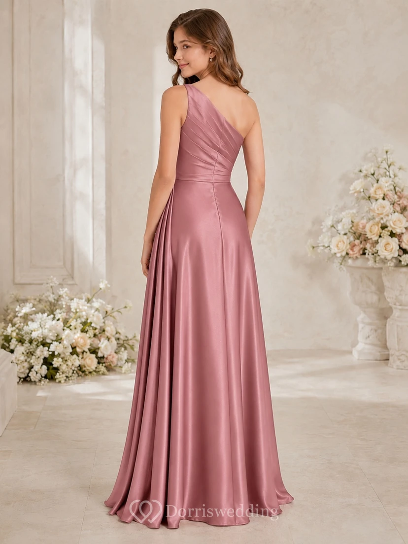 Vestido de dama de honor juvenil color rosa empolvado, corte en A, un solo hombro, sin mangas, charmeuse elegante view 2