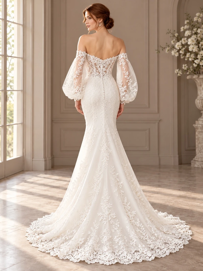 Mermaid Off Shoulder Balloon Sleeve Fine Floral Lace Wedding Dress view 2