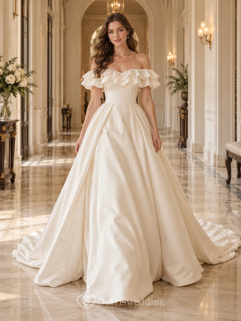 Schulterfreies, bodenlanges Brautkleid aus Satin mit Rüschen und Schleppe in A-Linie