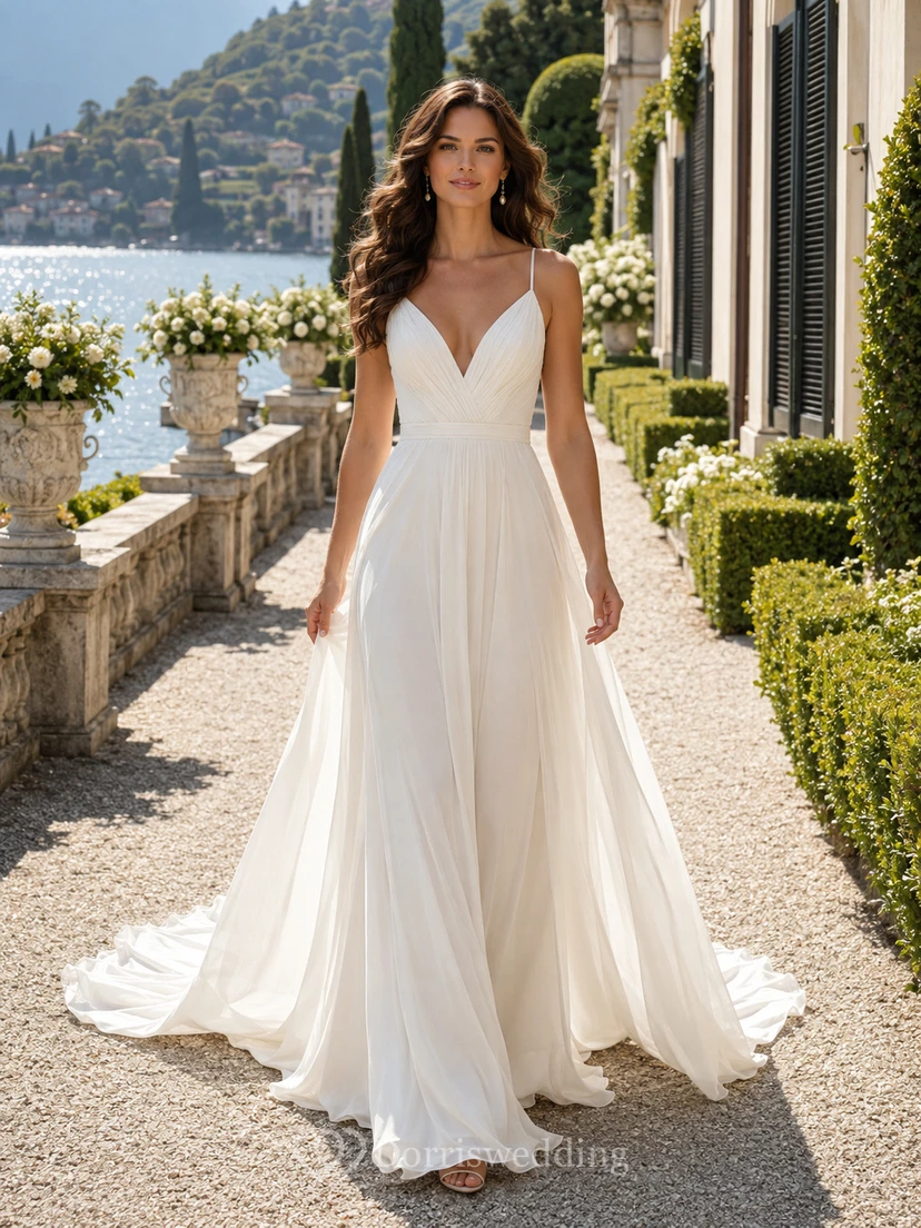 Robe de mariée romantique en mousseline à fines bretelles et décolleté en V, coupe trapèze, traîne chapelle, style A, en mousseline, style A, pour un mariage à destination