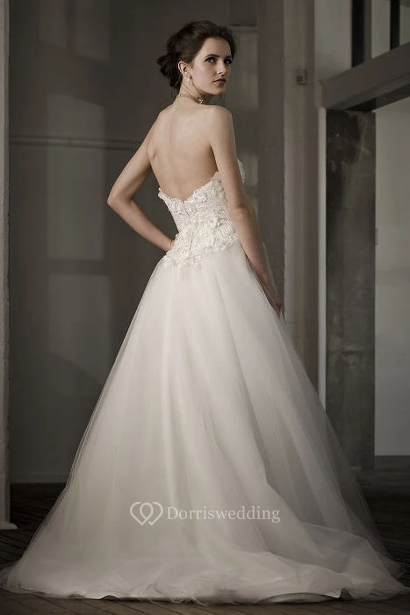 A-Line Ball-Gown Floor-Length Sweetheart Floral Sleeveless Tulle Wedding Dress With Backless Style And Appliques view 2