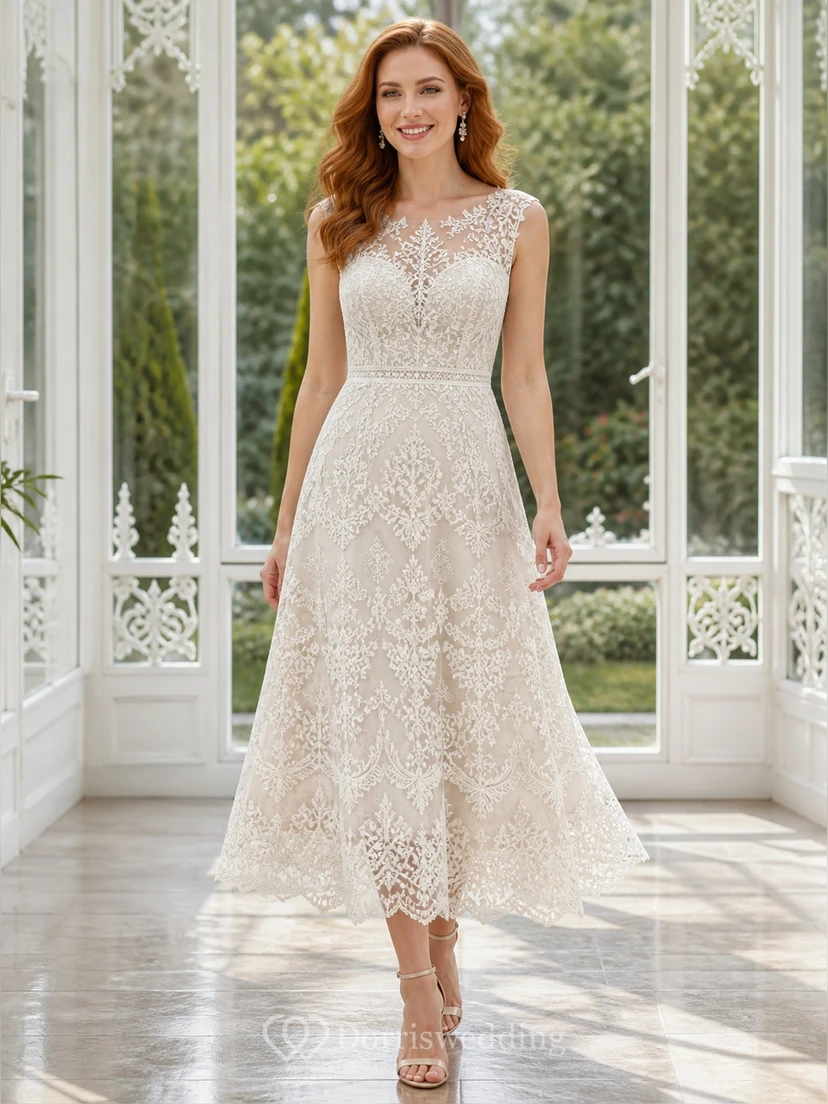 Vestido de novia civil sin mangas, de corte A, estilo vintage, modesto, de encaje y largo hasta la rodilla.
