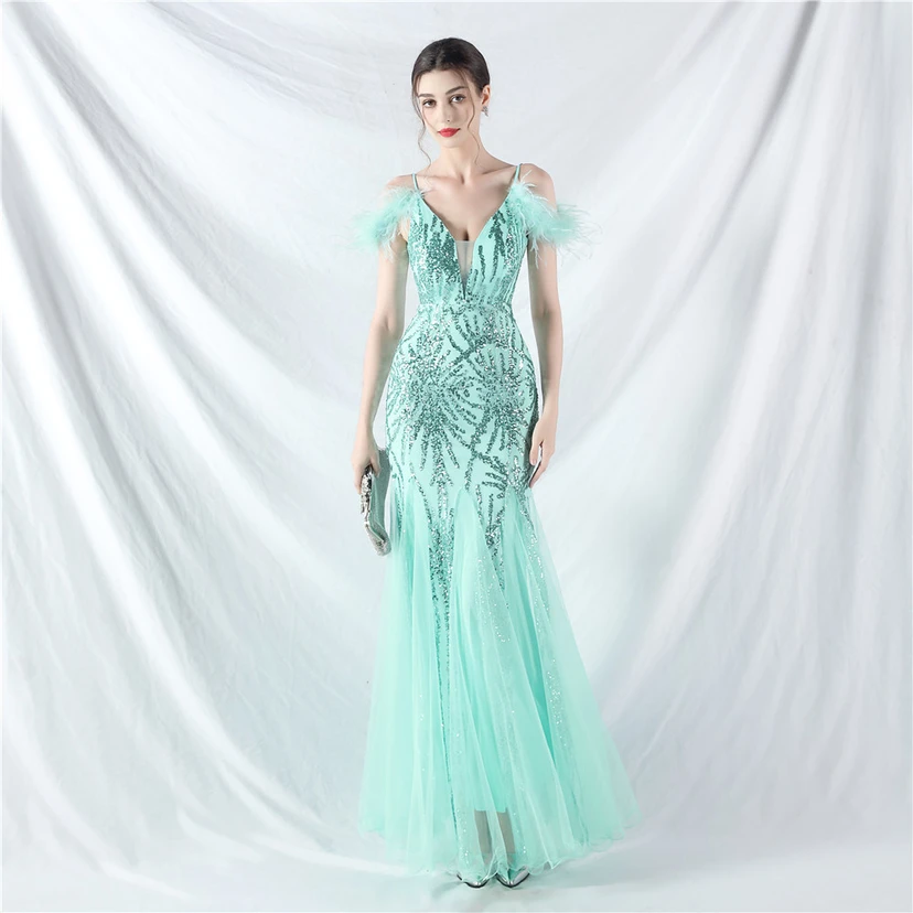 9-farbiges, handgefertigtes Abendkleid aus Kamelfedern, Netzstoff und Pailletten, sexy Trägern view 75