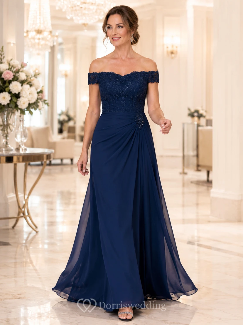 Dark Navy Off Shoulder Lace Ruched Chiffon A-Line Floor Mother Quinceanera Gown