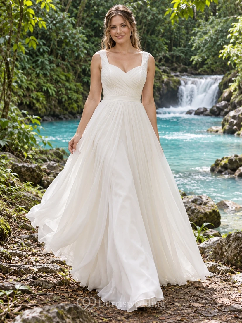 Schlichtes Chiffon-Brautkleid mit V-Ausschnitt, Wickeloberteil und fließendem A-Linien-Rock