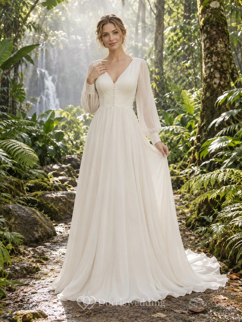 Chiffon-Brautkleid mit V-Ausschnitt, langen Ärmeln, geknöpftem Oberteil und A-Linien-Schleppe