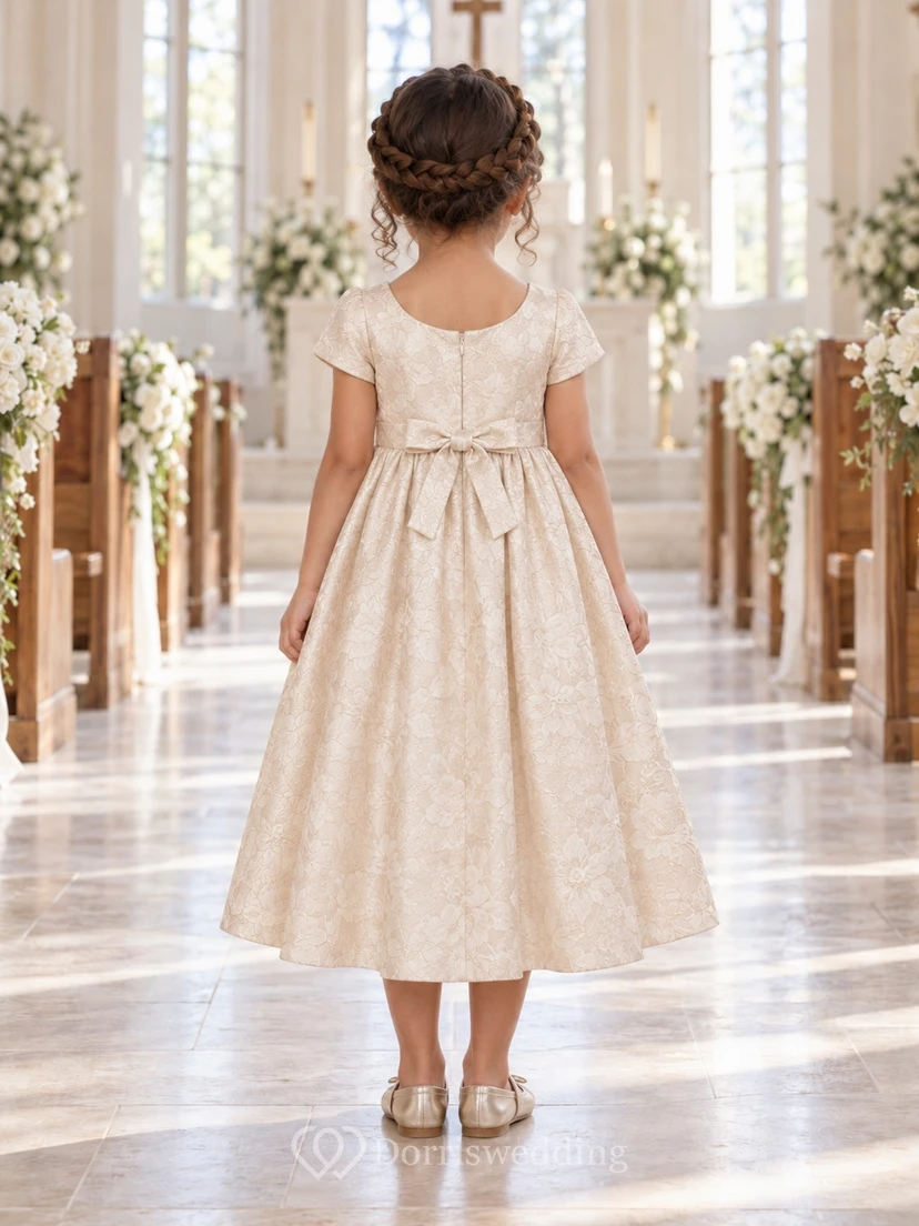 Tea-length Champagne Floral-textured Empire Cap-sleeve Gathered Bow-back Scoop-Neck Flower Girl Dress view 2