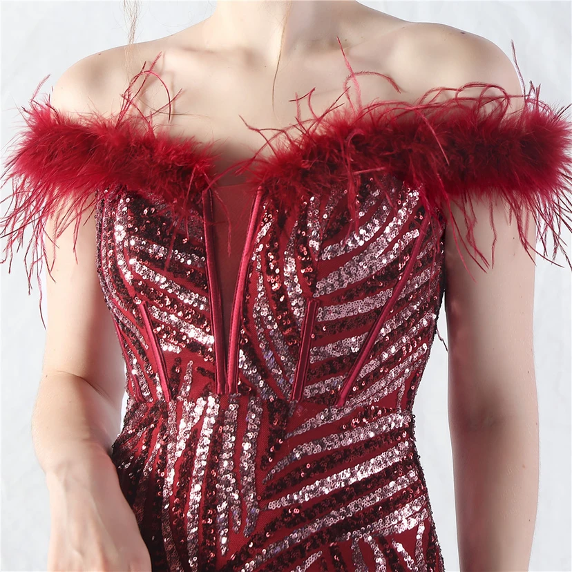 Robe de soirée haut de gamme à sequins, ornée d'un gilet à taille en arêtes de poisson et de plumes d'autruche. view 38