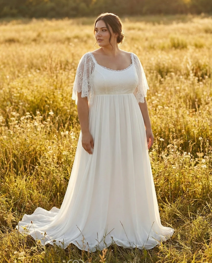 Vestido de novia de talla grande con corte imperio, mangas de encaje con volantes y falda de gasa.