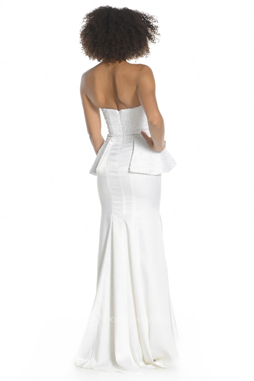 Sheath Strapless Peplum Long Sleeveless Satin Prom Dress With Zipper Back And Appliques view 2