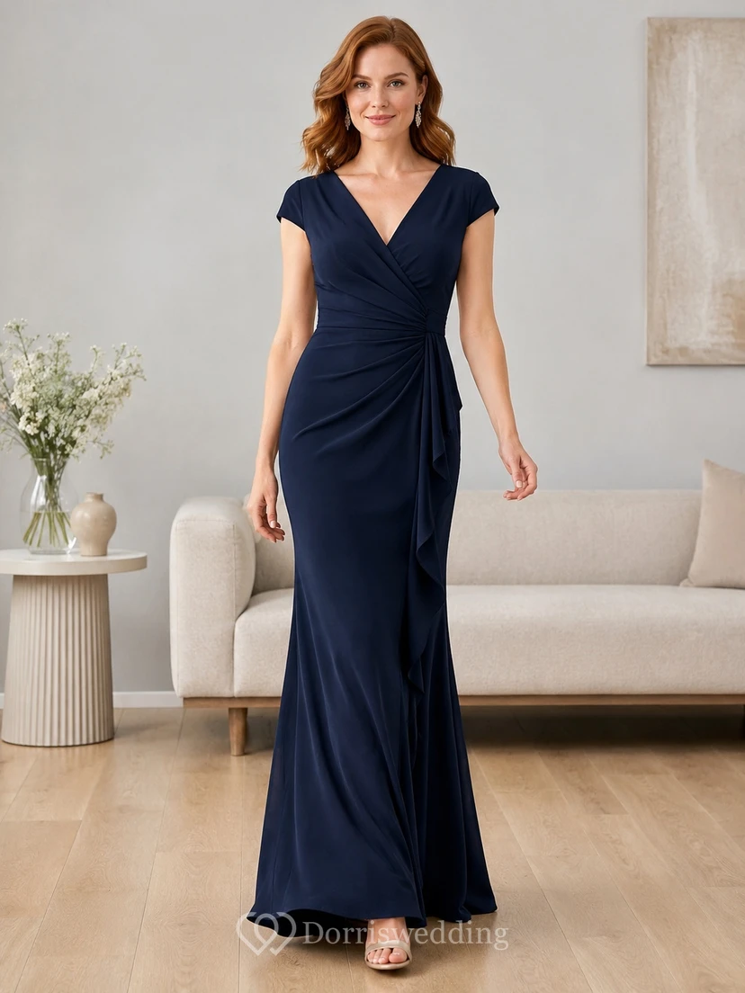 Navy Wrap V-neck Cap Sleeve Jersey Sheath Floor-length Formal Dress