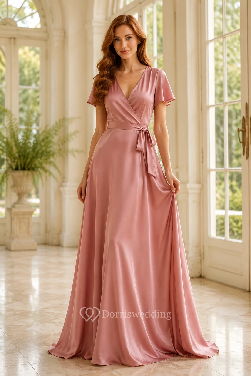 Robe de demoiselle d'honneur en satin rose poudré, manches courtes, coupe trapèze, décolleté en V et ceinture à nouer.