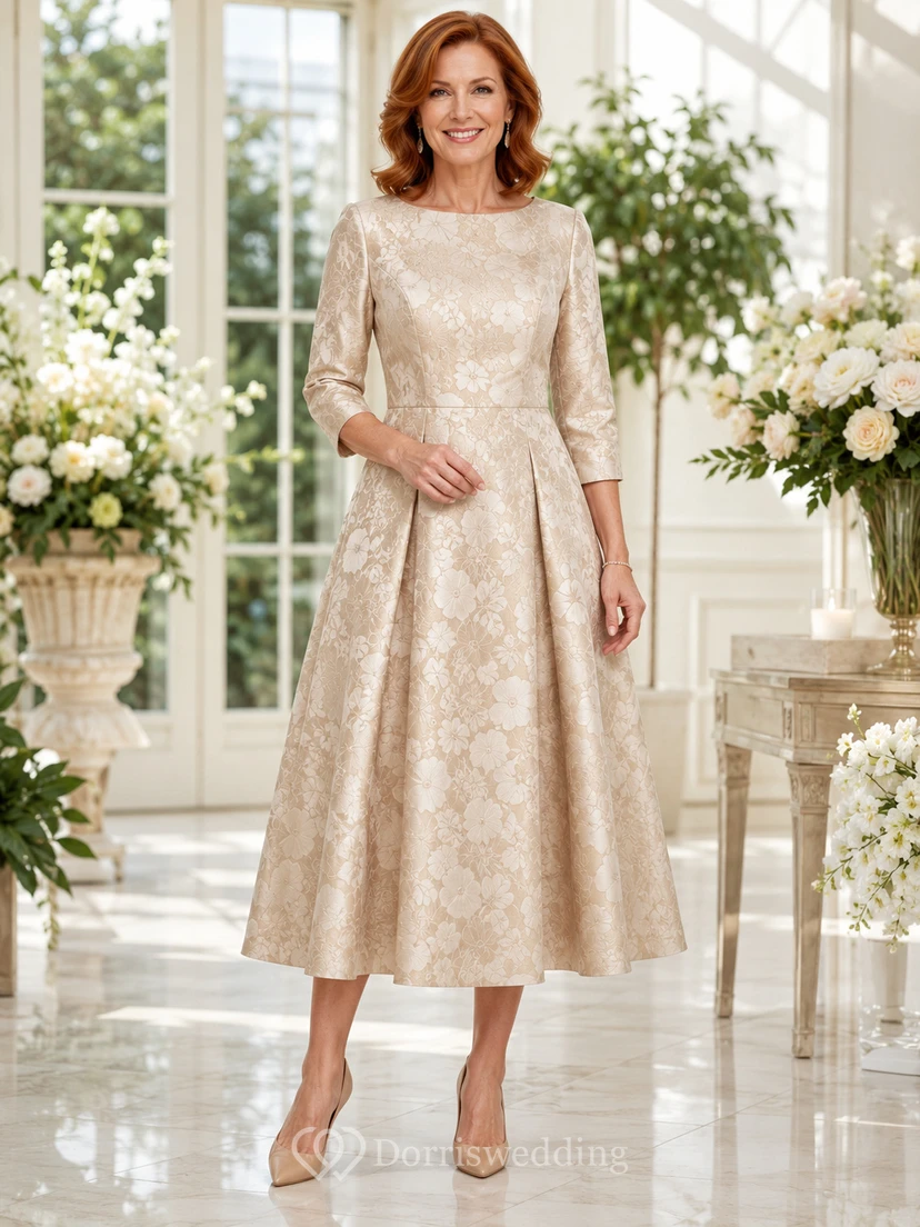 Robe midi élégante et formelle en brocart champagne à col bateau