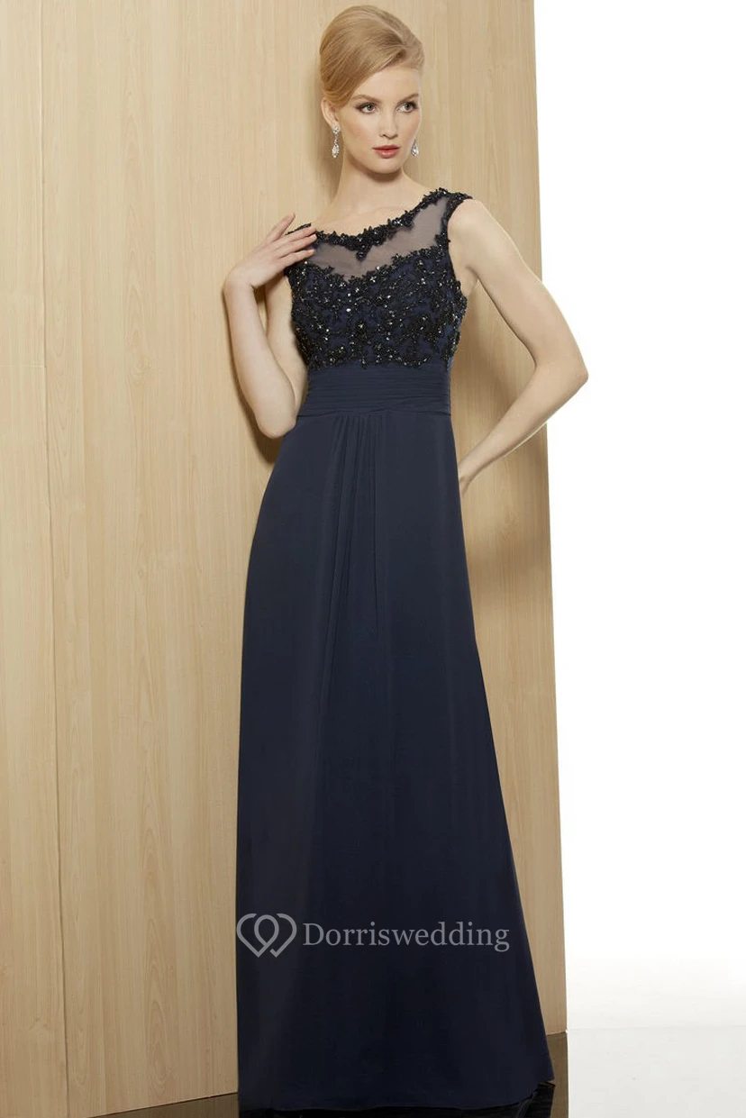 Sheath Beaded Sleeveless Floor-Length V-Neck Chiffon Formal Dress With Illusion Back And Appliques