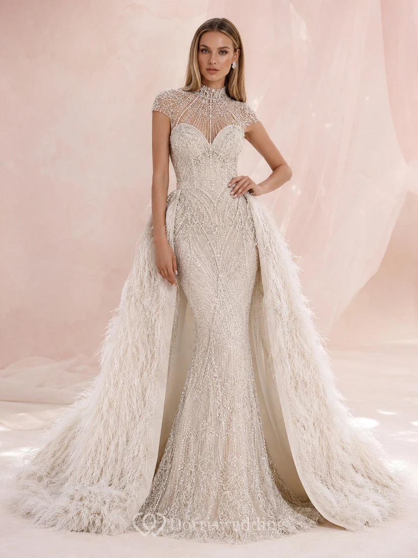 Robe de mariée sirène en dentelle à col montant et manches courtes, amovible, style chapelle