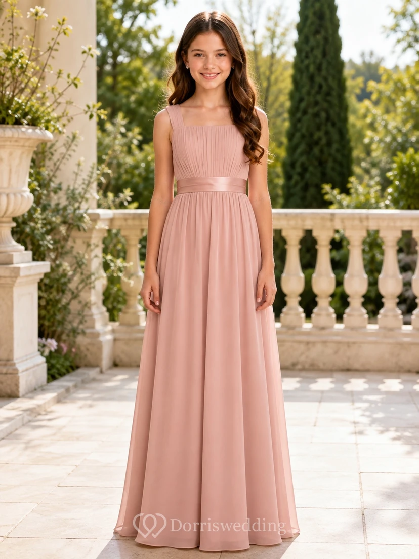Elegantes, ärmelloses, champagnerfarbenes Chiffon-Brautjungfernkleid in A-Linie, bodenlang