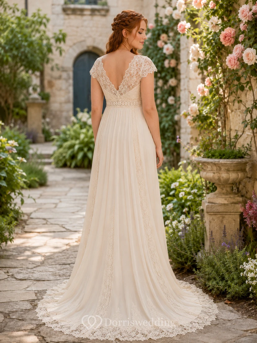 Maternity Wedding Dress V Neck Cap Sleeve Lace Chiffon Garden Gown with Soft Train view 2
