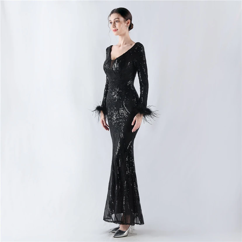 Robe de soirée haut de gamme ornée de perles florales fixes et de poils d'autruche, hôte de la réunion annuelle d'hiver view 30