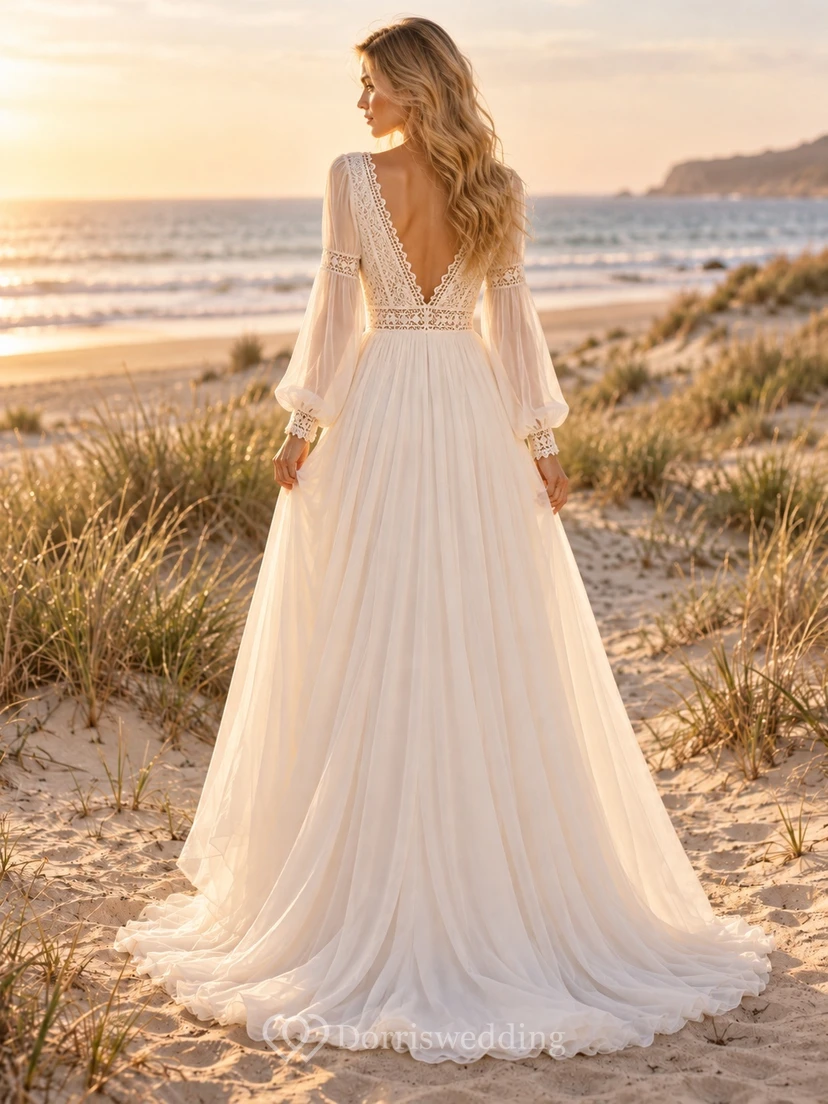 Boho Long Poet Sleeve Plunge V-neck Chiffon Wedding Dress view 2