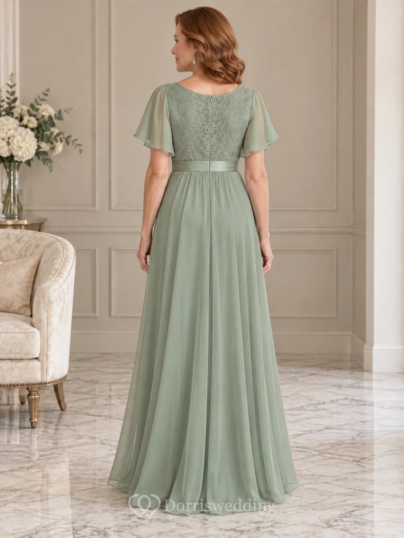 Vestido de gasa de corte imperio, largo hasta el suelo, con escote redondo, encaje y mangas con volantes, ideal para la madre de la novia. view 2