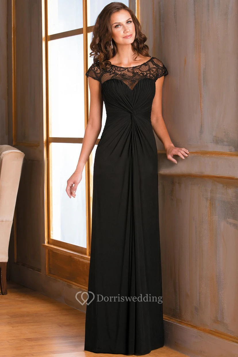 Robe longue à manches courtes froncée pour la mère de la mariée, avec encolure en dentelle illusion