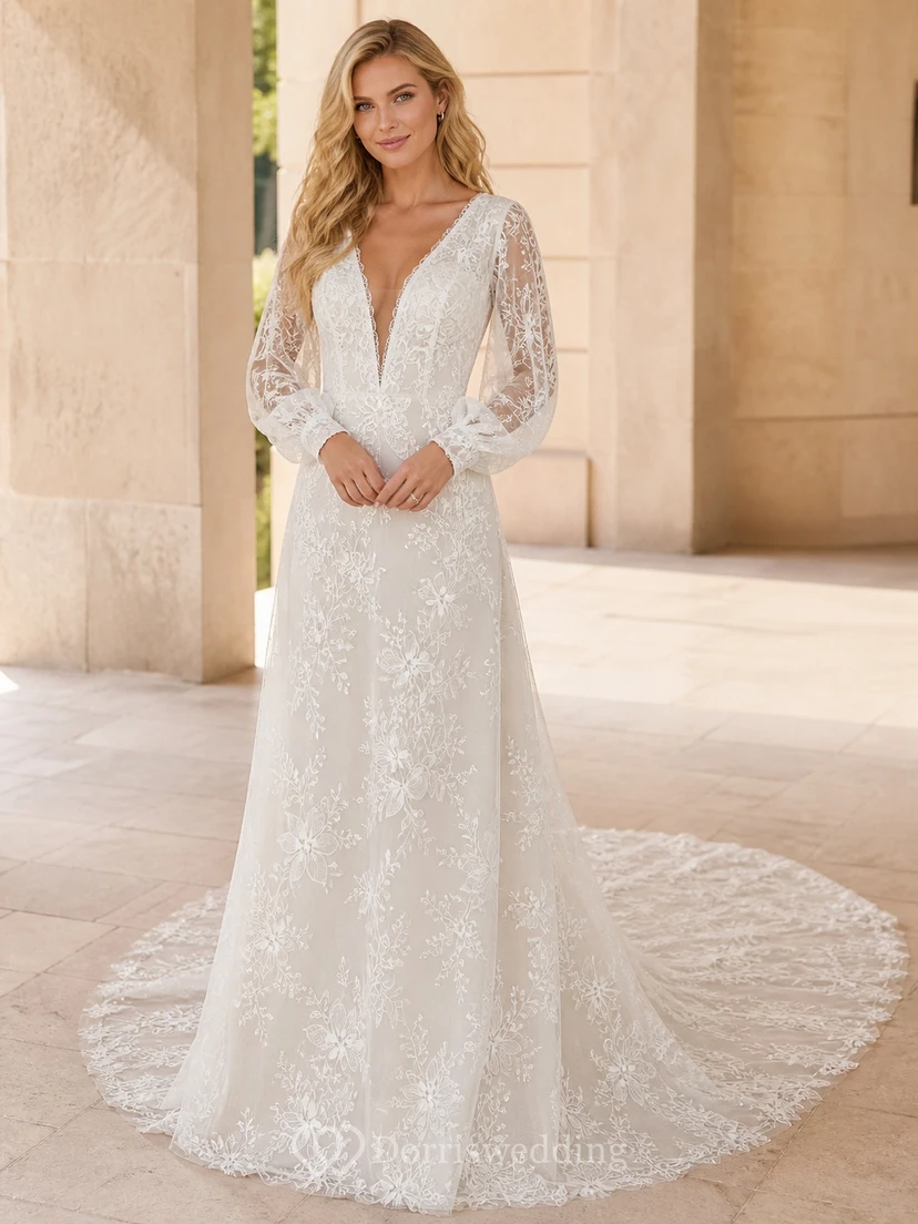 Vestido de novia de lujo con brillo floral, corte en A, escote en V, manga larga y largo hasta el suelo