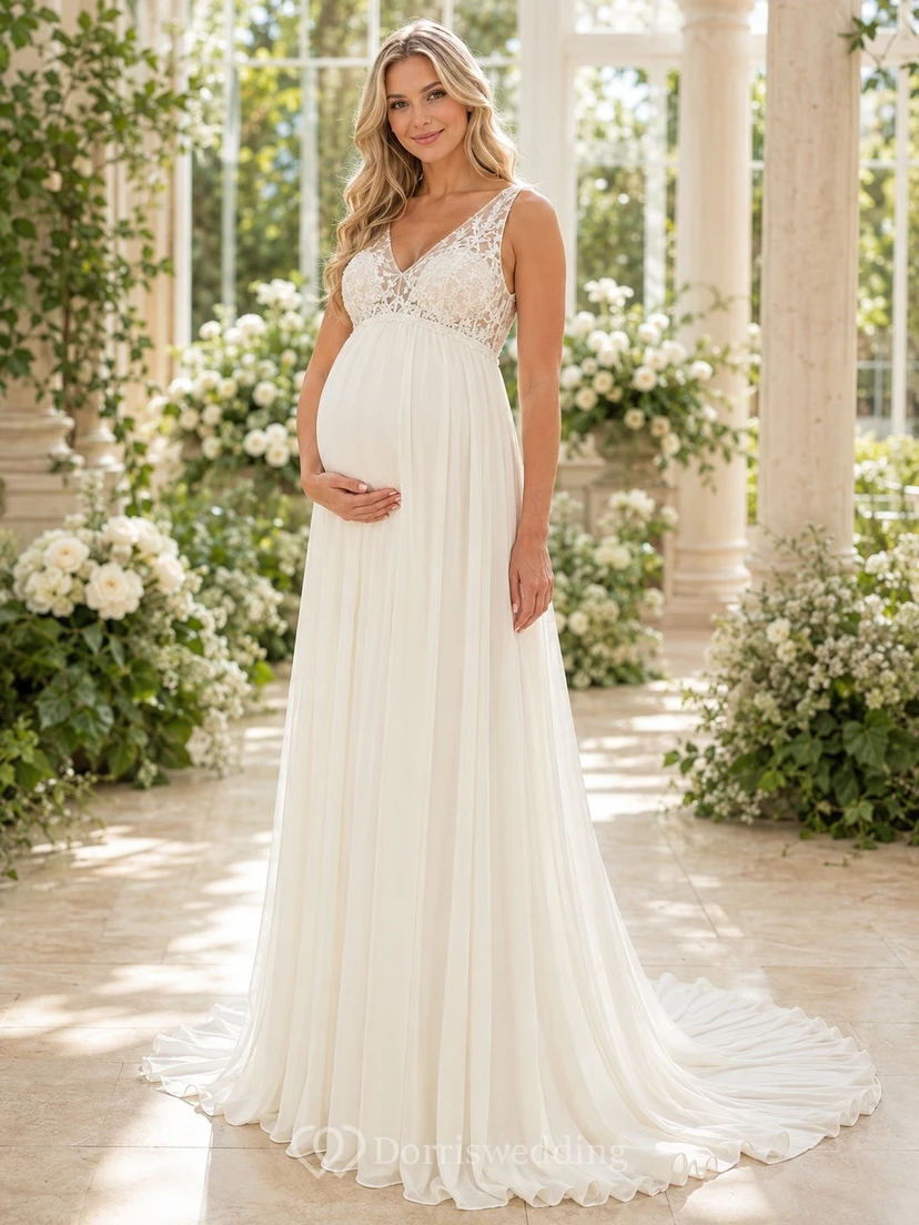 Vestido de novia de corte A con escote en V y cola larga, ideal para fugas románticas premamá.