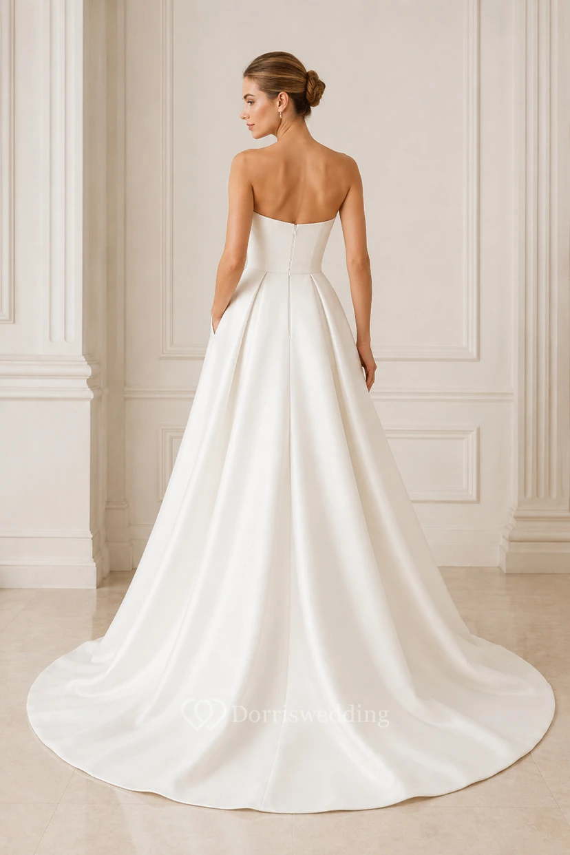 Robe de soirée blanche en satin, robe de bal bustier avec traîne chapelle view 2