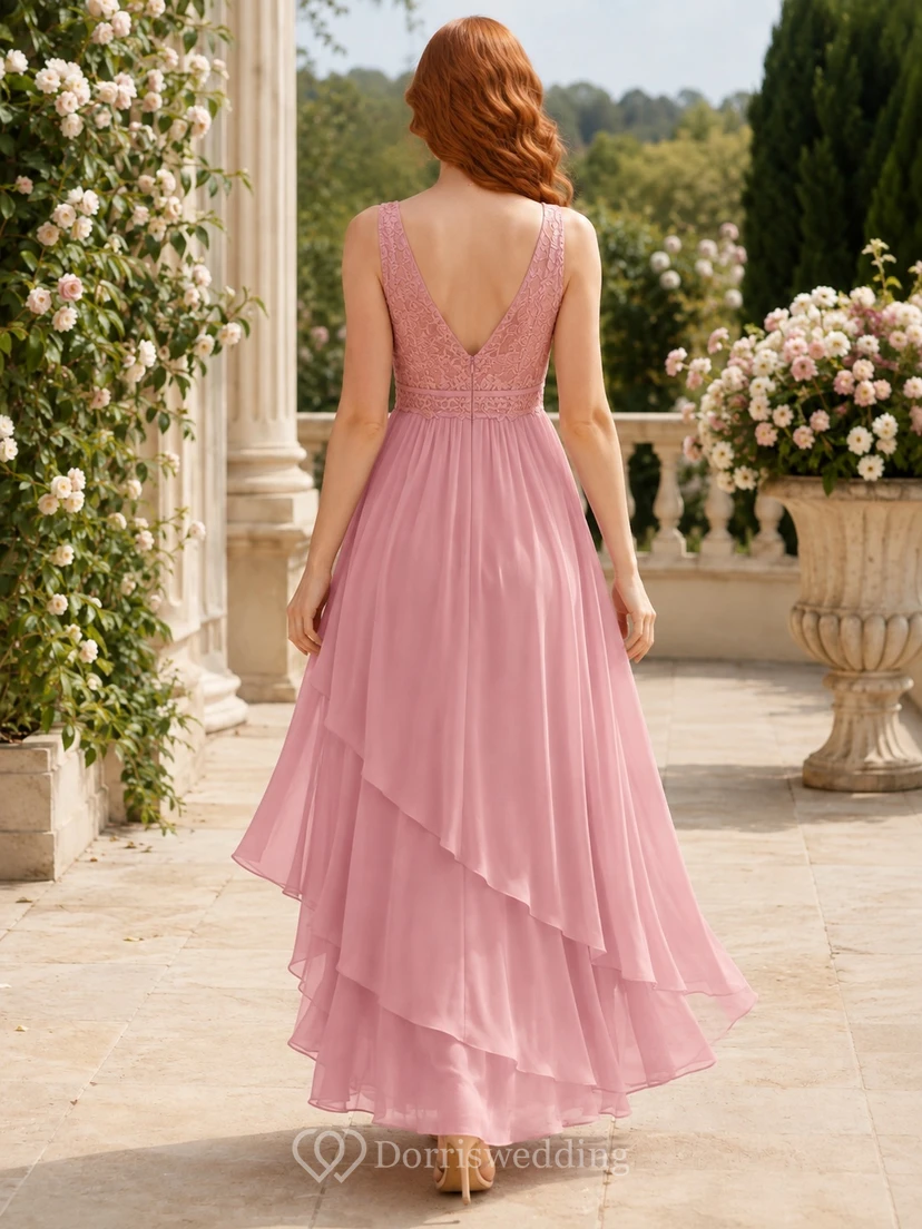 Dusty Rose Empire V-Neck Lace Tiered Chiffon Floor-Length Guest Dress view 2