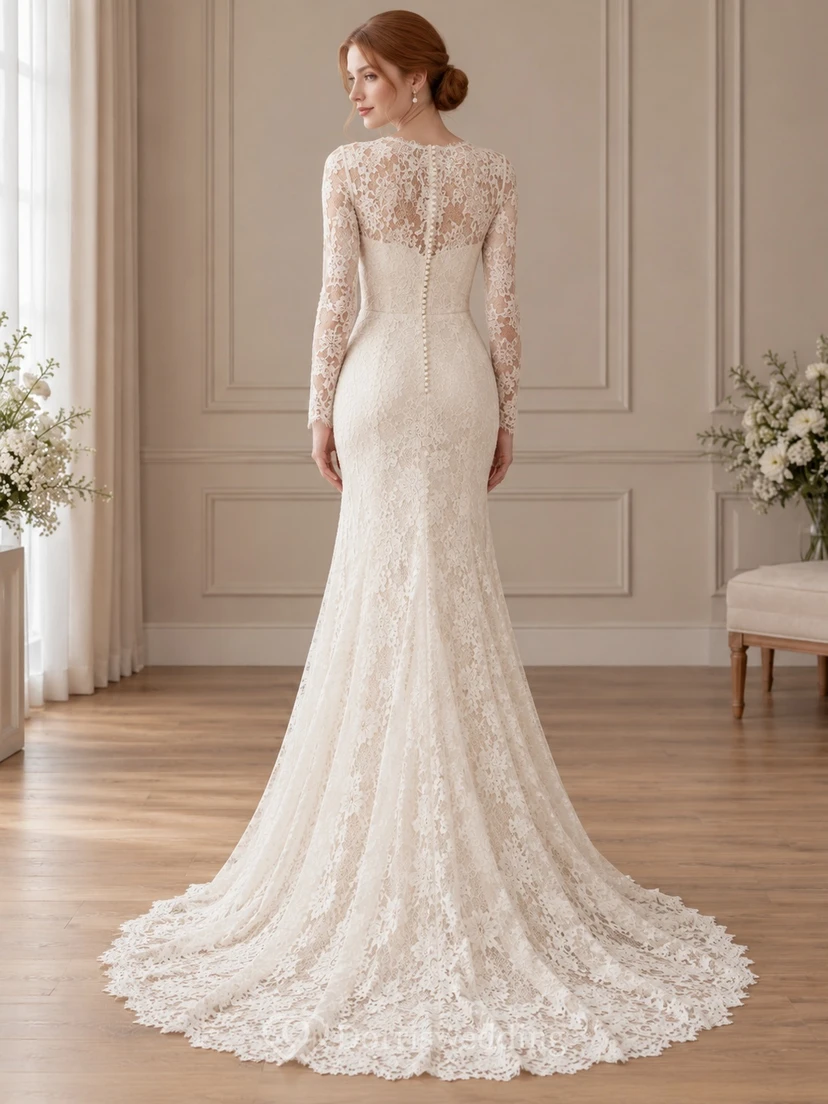 Modest Long Sleeve Jewel Neck Fitted Floral Lace Wedding Dress view 2