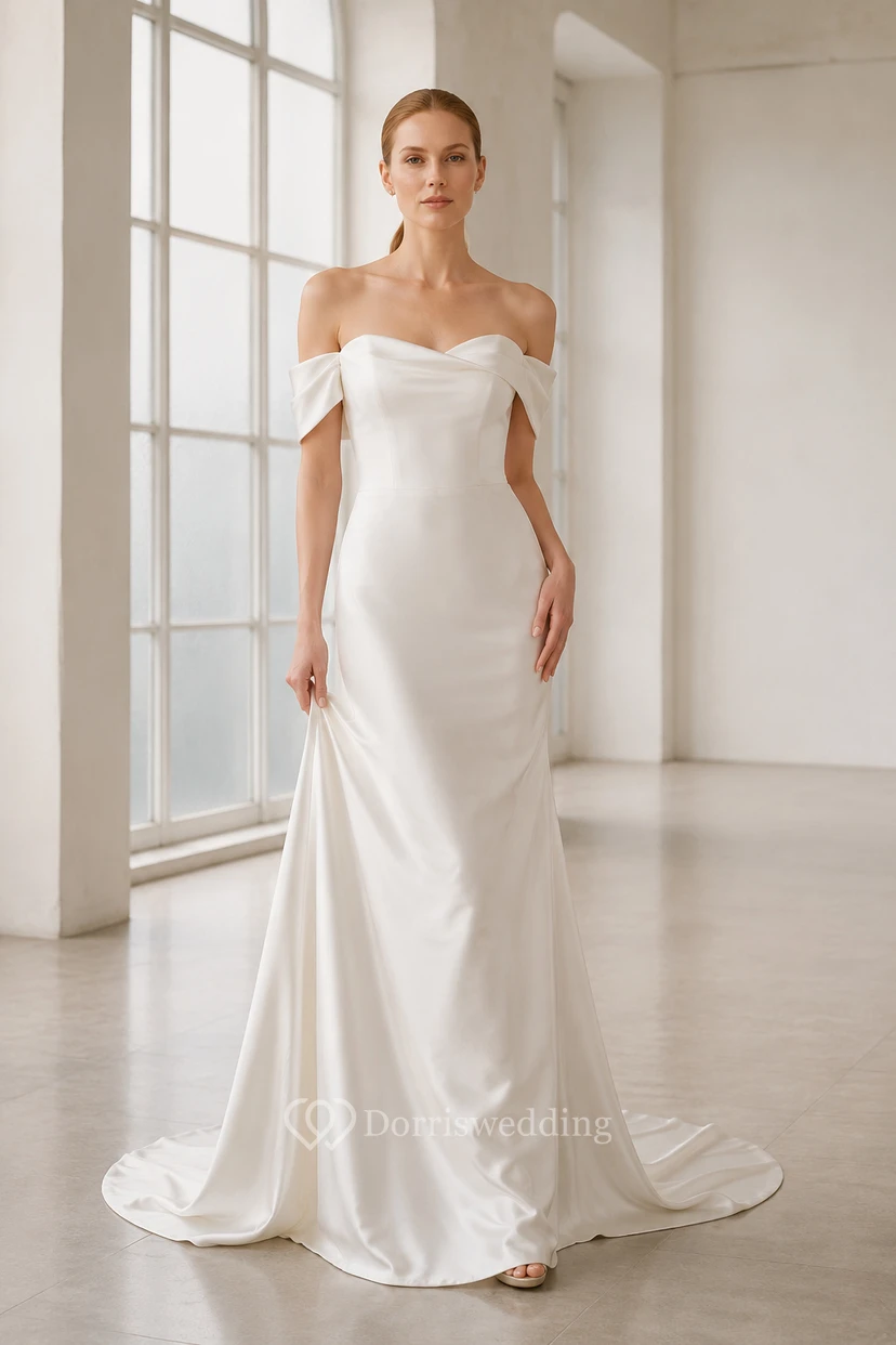 Schulterfreies, figurbetontes Brautkleid aus Satin mit Schleppe