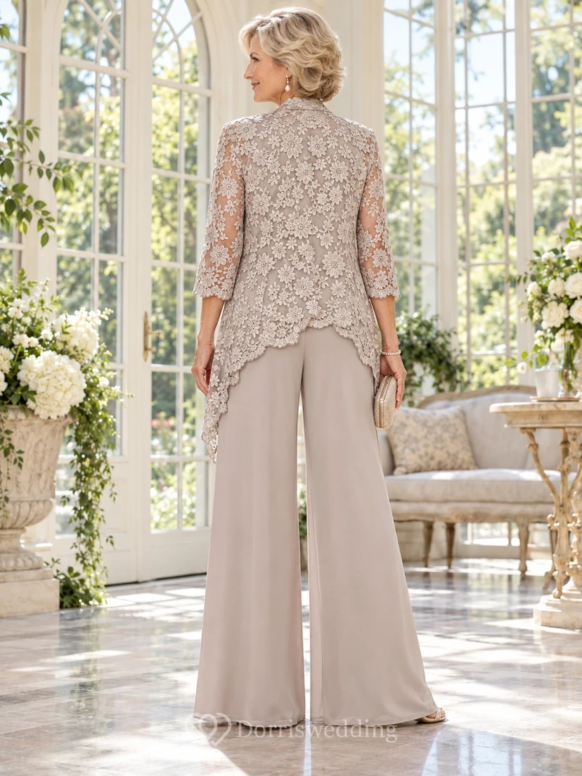 Taupe Scalloped Floral Lace Jacket Wide Leg Mother Pantsuit view 2