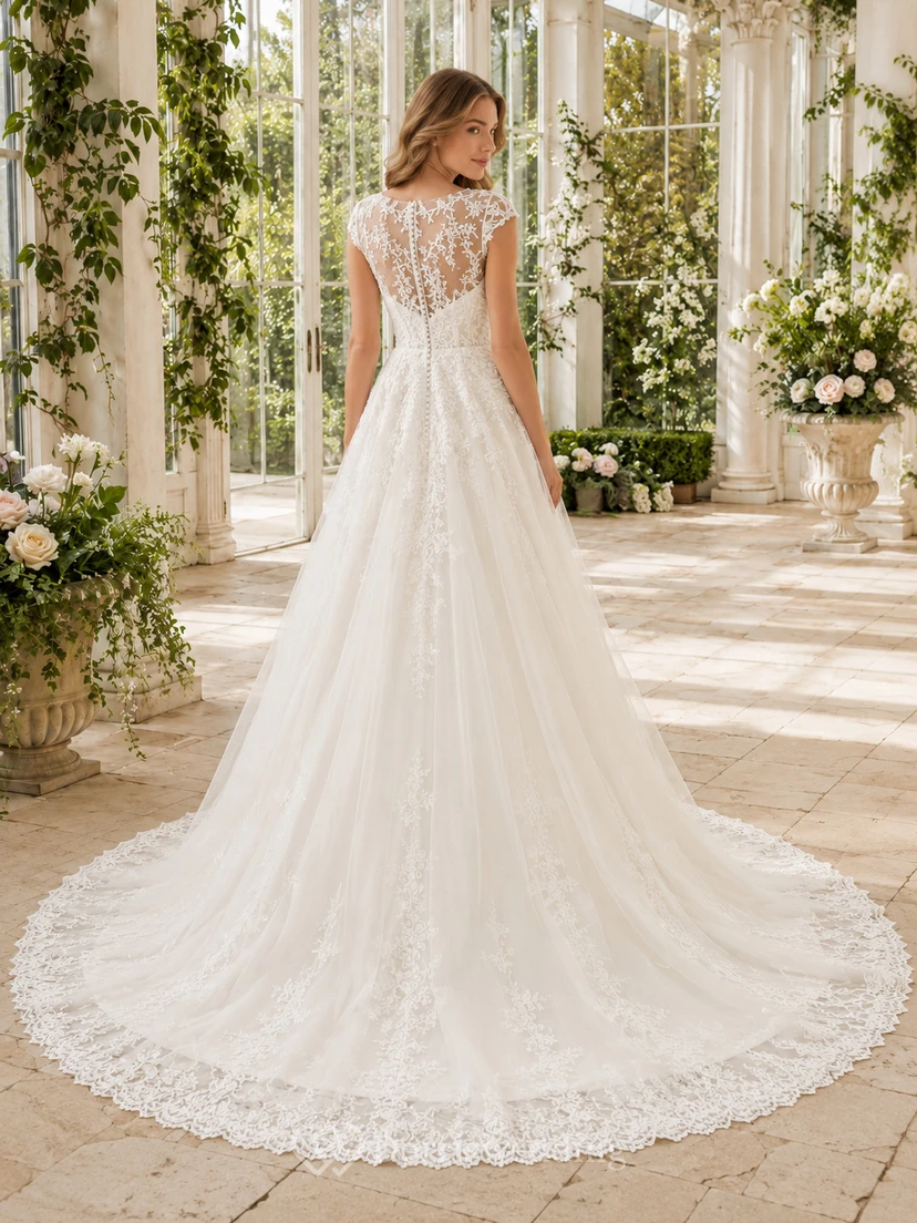 Robe de mariée romantique en dentelle, manches courtes, coupe trapèze, traîne chapelle, style jardin view 2