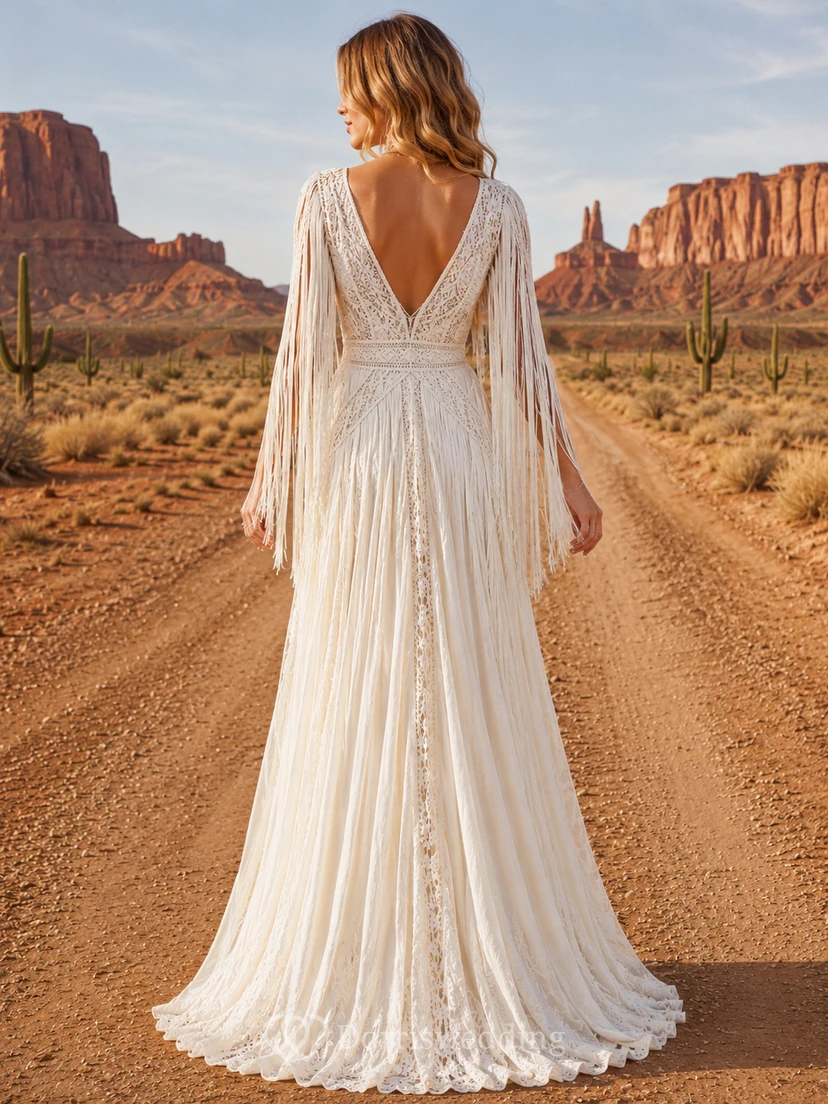 Robe de mariée bohème trapèze à franges et col en V, style désert de l'Ouest view 2