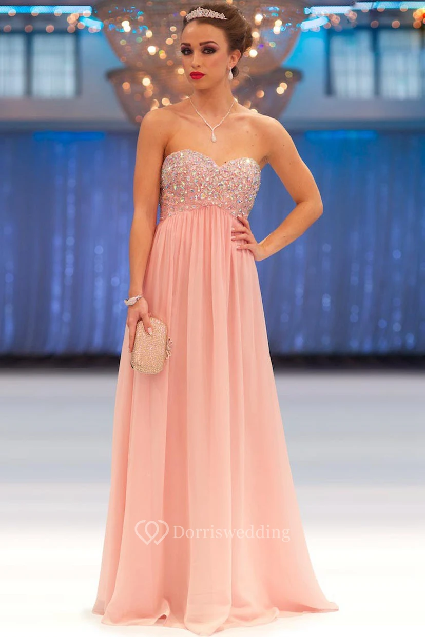 A-Line Beaded Sweetheart Empire Sleeveless Long Chiffon Prom Dress With Pleats