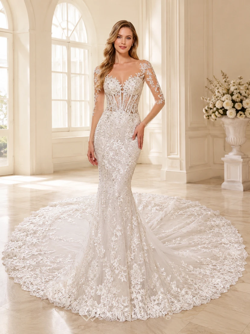 Robe de mariée sirène en dentelle florale à manches courtes et décolleté en V plongeant, traîne cathédrale