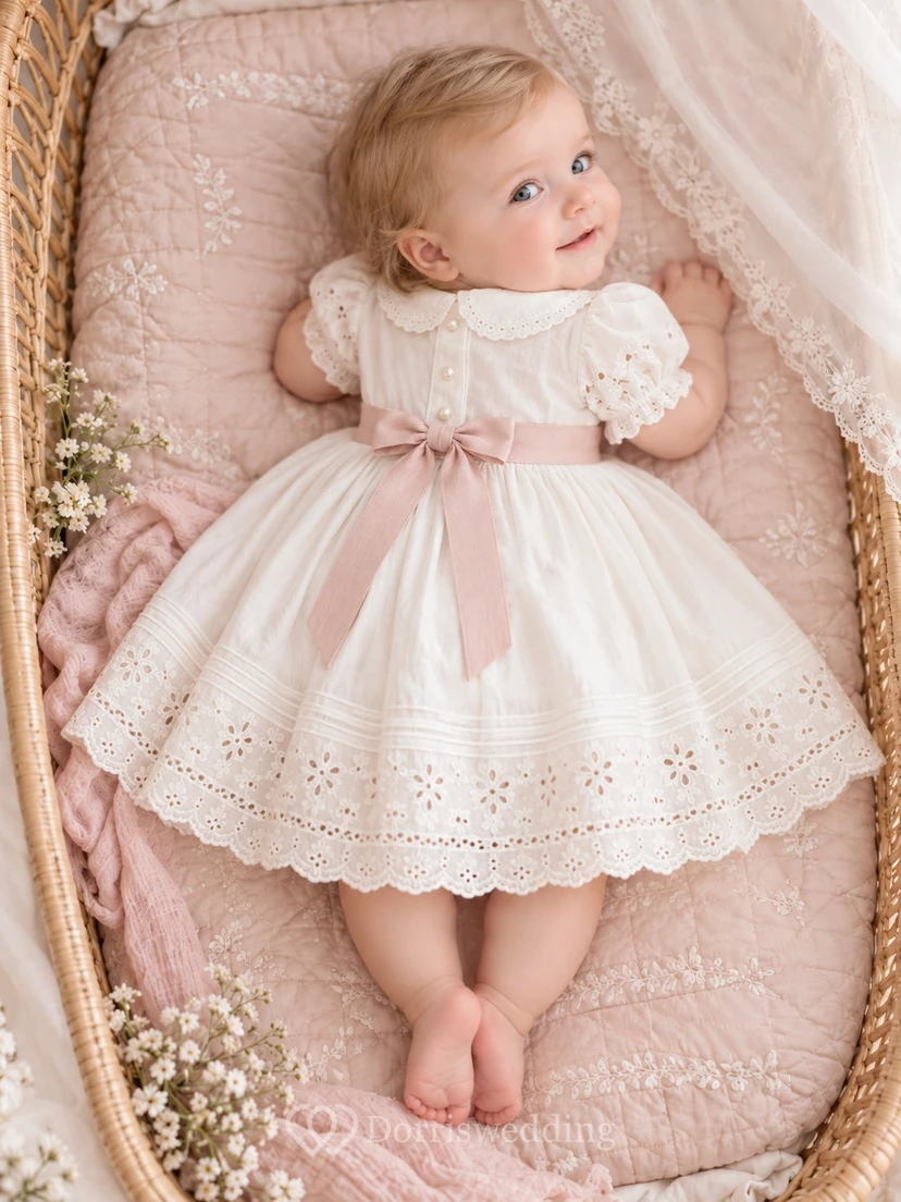 Ivory Rounded Collar Eyelet Puff Sleeve Pink Bow Baptism Dress view 2
