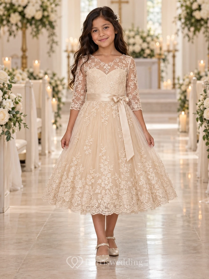 Vestido de niña de flores de corte A con encaje, estampado floral color champán, manga tres cuartos y fajín, hasta la rodilla.