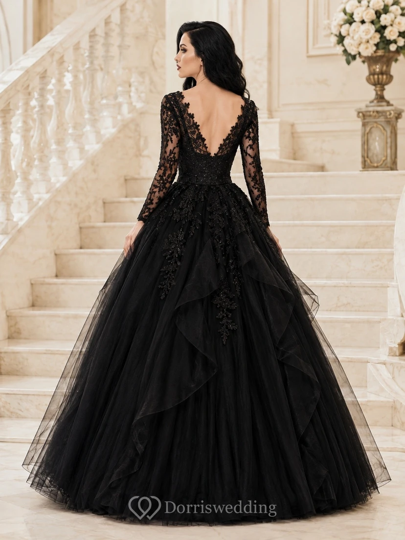 Black V-Neck Long Sleeve Lace Tulle Ball Gown Floor-Length Prom Dress view 2