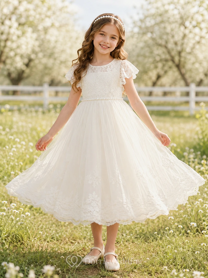 Robe de communion en tulle à manches courtes et dentelle bateau, bandeau de perles et dentelle perlée, avec bandeau orné de perles.