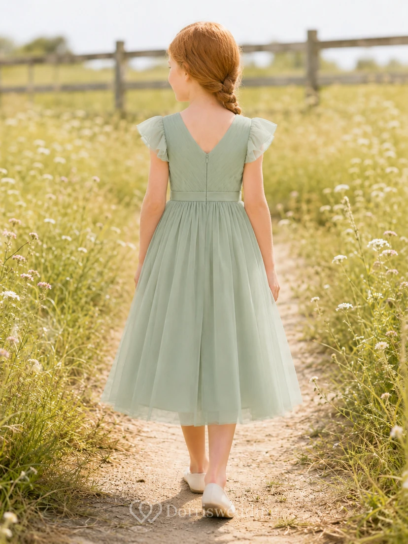 Robe de demoiselle d'honneur élégante couleur sauge, coupe trapèze, en tulle, col en V, manches pétales, longueur thé view 2