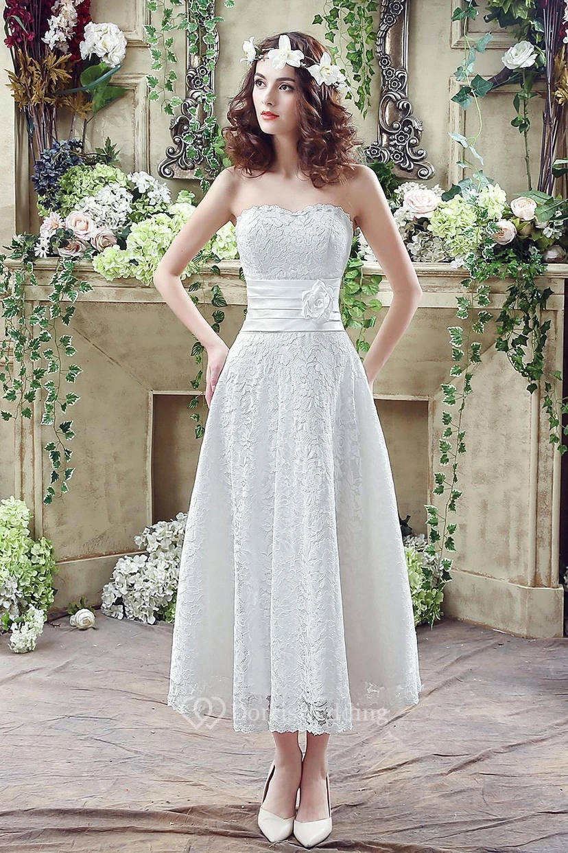Delicate Lace Flower Strapless Tea Length Wedding Dress A-line Sleeveless Lace-up
