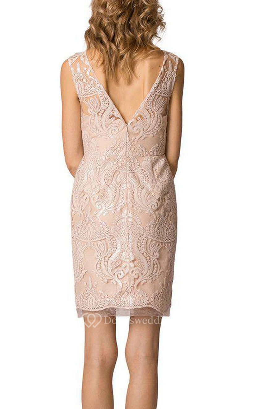 Scoop Neck Lace Short Bridesmaid Dress view 2