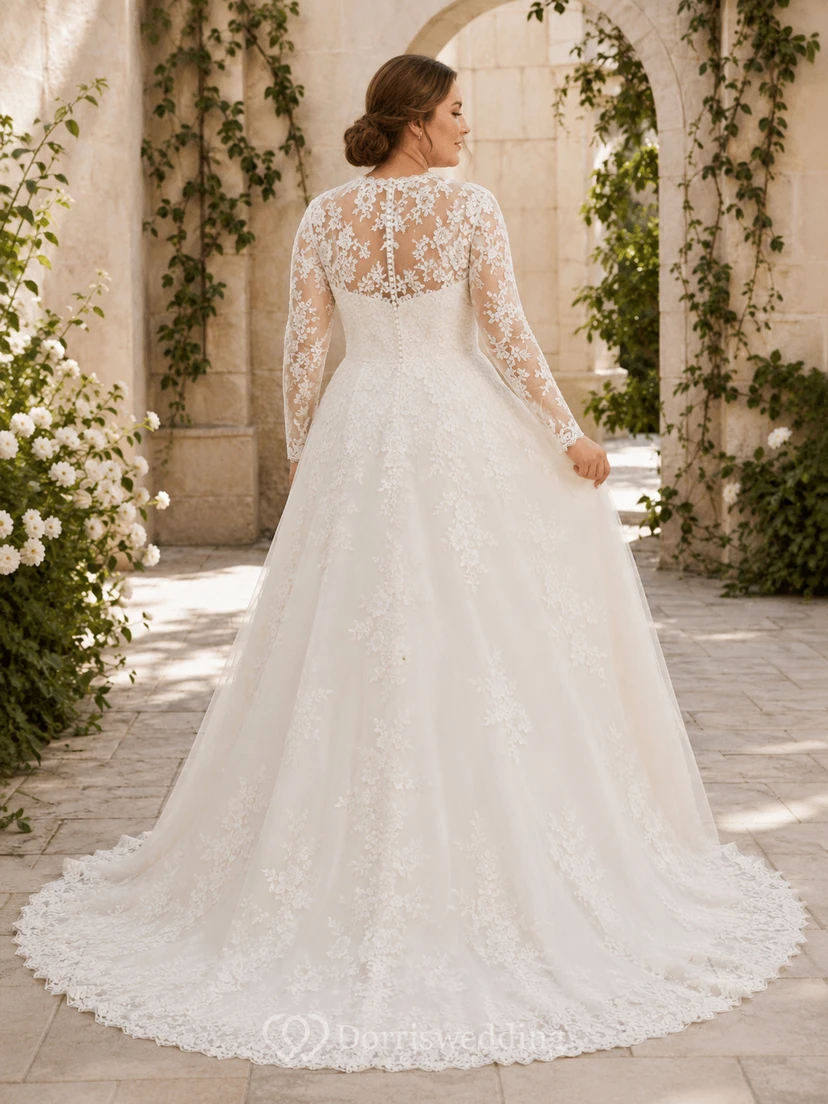 Lace Wedding Dress Mermaid V-Neck Long Sleeve Chapel Train Bridal Gown view 2