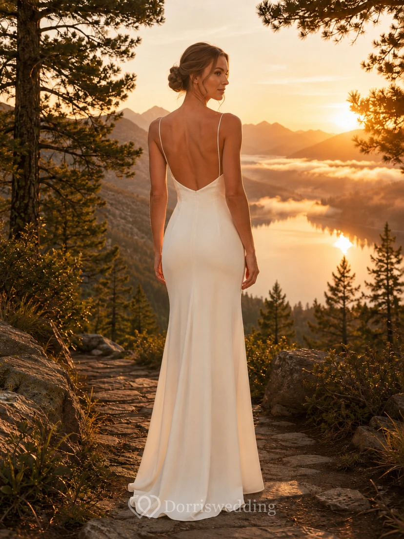 Open Back Cowl Neck Satin Mountain Lake Elopement Gown view 2