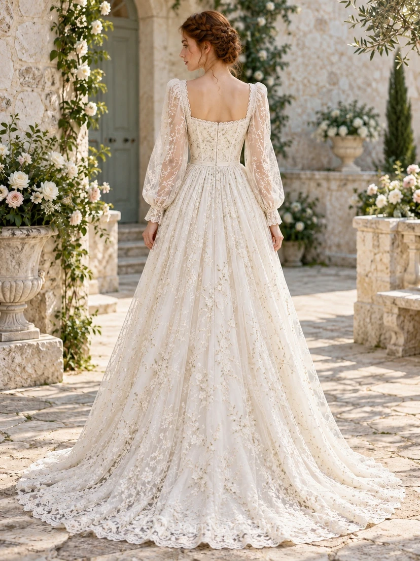Vintage Square Neck Long Poet Sleeve Allover Lace Wedding Dress view 2